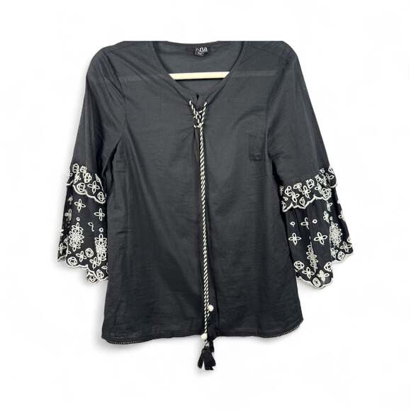 Hannah Tops - Black Embroidered Bell Sleeve Embroidered Pullover Blouse